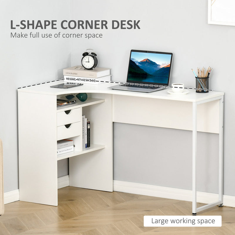 HOMCOM L-Shaped Corner Computer Desk Study Table PC Work w/ Storage Shelf Drawer Smooth Slide Office Home Workstation Space Saving - White