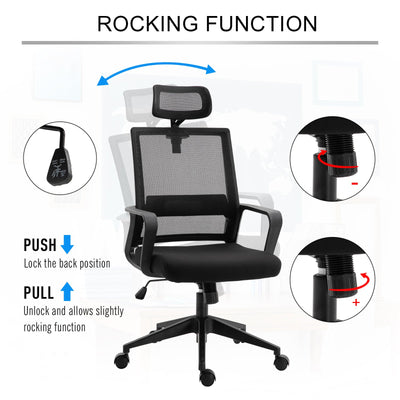 HOMCOM Mesh Swivel Office Chair with Adjustable Headrest, Lumbar Support, Home Task High Back Chair Adjustable Height, Black