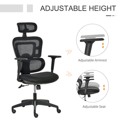 Vinsetto Mesh Office Chair, Ergonomic High-Back Swivel Desk Chair with Adjustable Height, Headrest, Lumbar Support, Padded Seat for Home Office Black