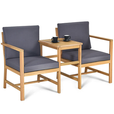 3 Piece Wooden Table and Chair Set with Cushions for Outdoor