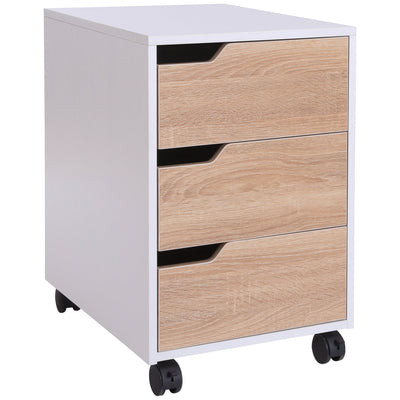 Mobile File Cabinet with 3 Drawers Locking Wheels Metal Rails Oak Tone White