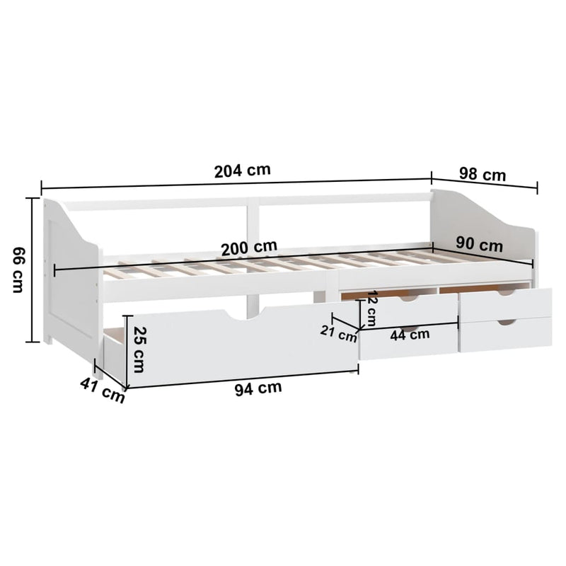 3-Seater Day Bed with Drawers White Solid Pinewood 90x200 cm