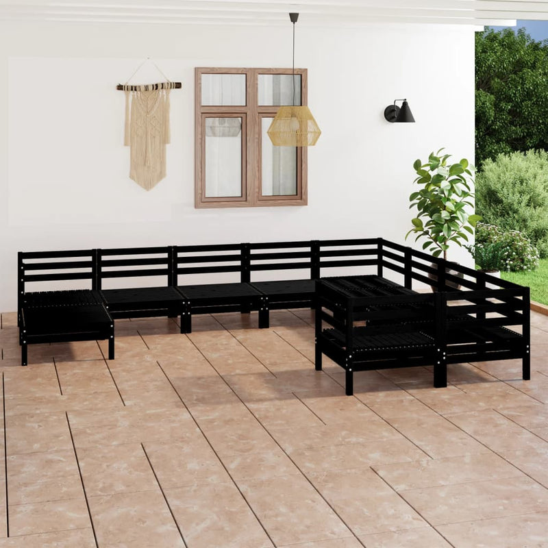 10 Piece Garden Lounge Set Black Solid Wood Pine