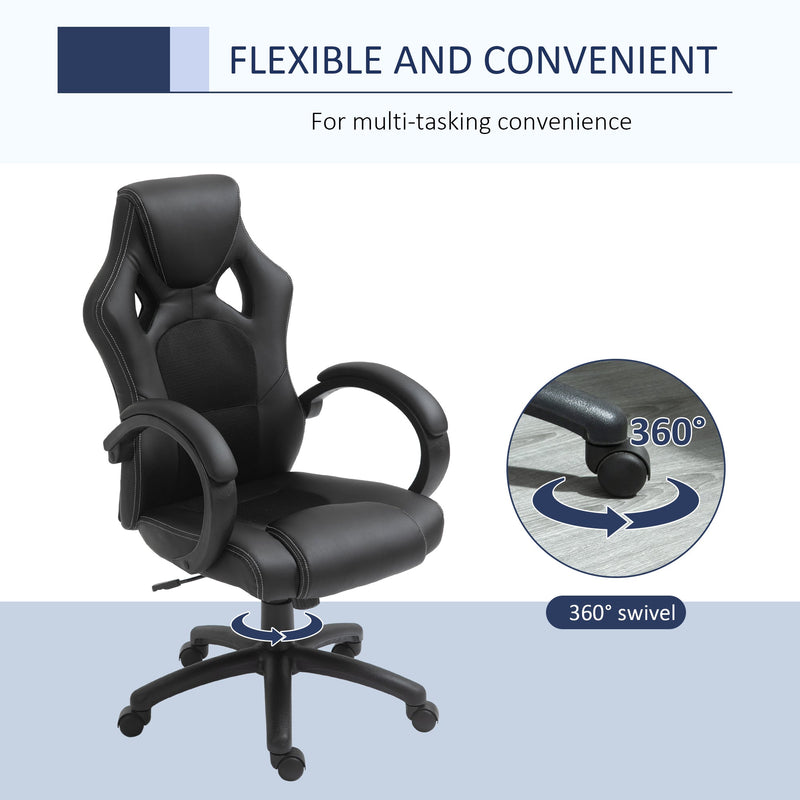 HOMCOM High-Back Gaming Chair Swivel Home Office Computer Racing Gamer Desk Chair Faux Leather with Wheels, Black