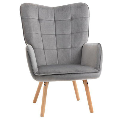 Accent Chair VelvetTufted Wingback Armchair Club With Wood Legs - Grey