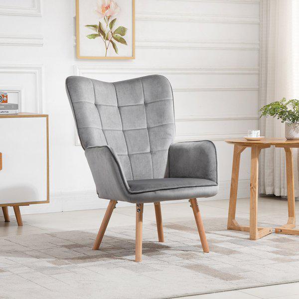 Accent Chair VelvetTufted Wingback Armchair Club With Wood Legs - Grey