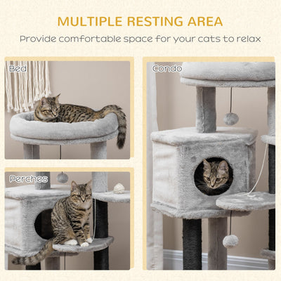 PawHut Cat Tree, Cat Tower for Indoor Cats with Sisal Scratching Post, Ramp, Kitten Bed, Condo, Ball Toy, Light Grey, 55x55x94 cm