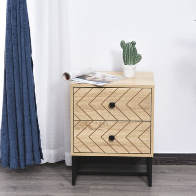 2 - Drawer Unit Bedside Table Zig Zag Design Nightstand W/ Black Metal Handles - Natural Wood Color