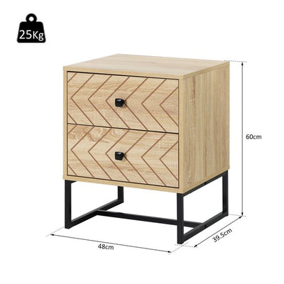 2 - Drawer Unit Bedside Table Zig Zag Design Nightstand W/ Black Metal Handles - Natural Wood Color