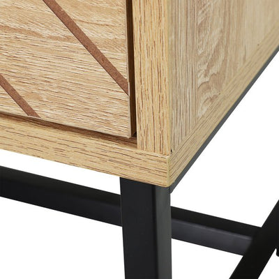 2 - Drawer Unit Bedside Table Zig Zag Design Nightstand W/ Black Metal Handles - Natural Wood Color