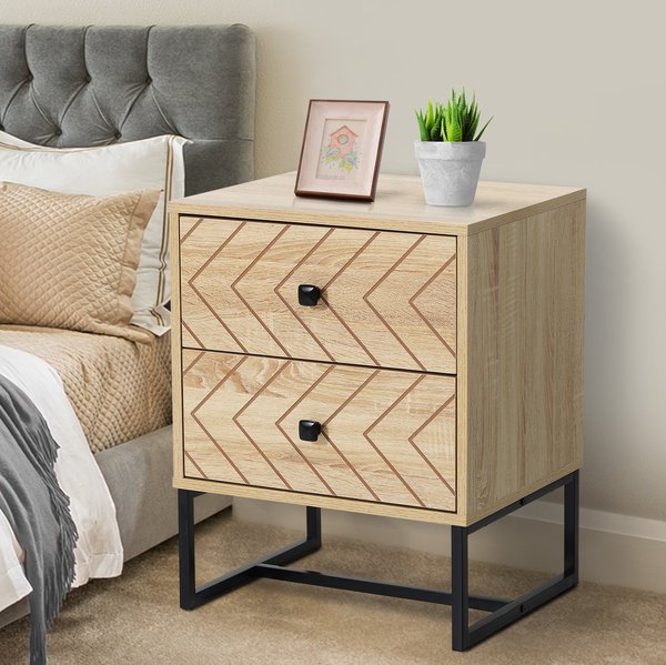 2 - Drawer Unit Bedside Table Zig Zag Design Nightstand W/ Black Metal Handles - Natural Wood Color