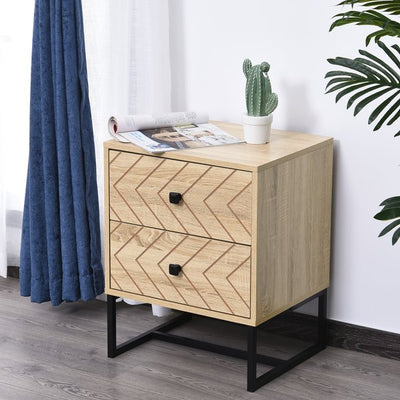 2 - Drawer Unit Bedside Table Zig Zag Design Nightstand W/ Black Metal Handles - Natural Wood Color