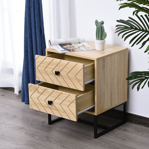 2 - Drawer Unit Bedside Table Zig Zag Design Nightstand W/ Black Metal Handles - Natural Wood Color