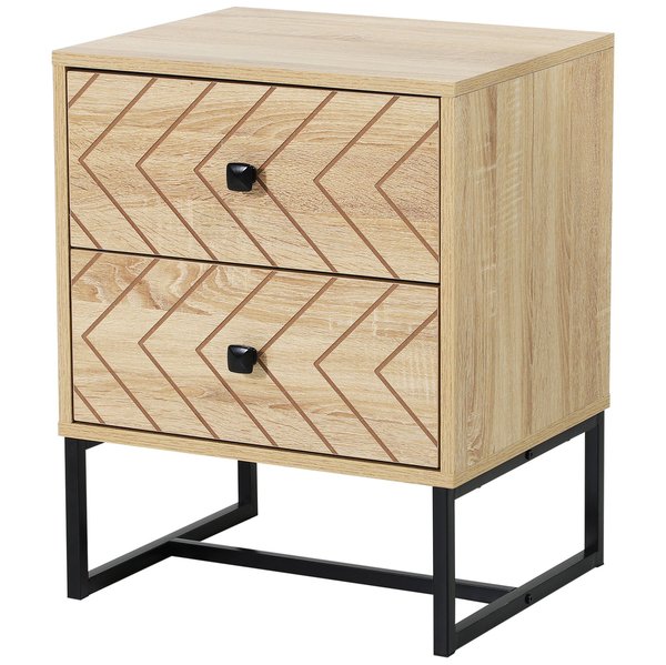 2 - Drawer Unit Bedside Table Zig Zag Design Nightstand W/ Black Metal Handles - Natural Wood Color