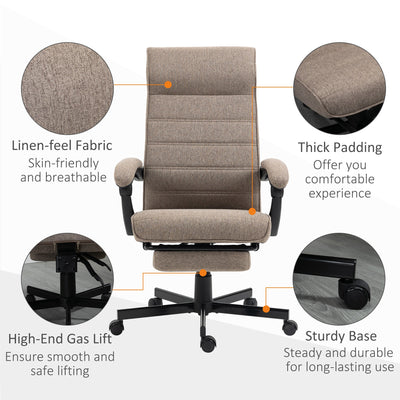 Vinsetto High-Back Home Office Chair, Linen Swivel Reclining Chair with Adjustable Height, Footrest and Padded Armrest for Living Room, Study, Brown