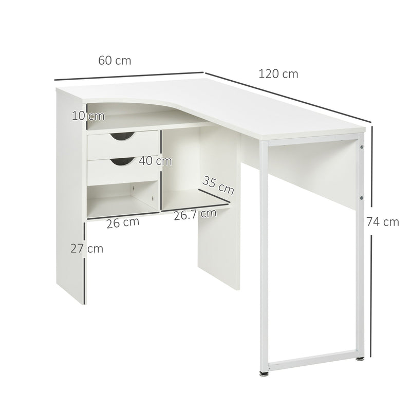 HOMCOM L-Shaped Corner Computer Desk Study Table PC Work w/ Storage Shelf Drawer Smooth Slide Office Home Workstation Space Saving - White