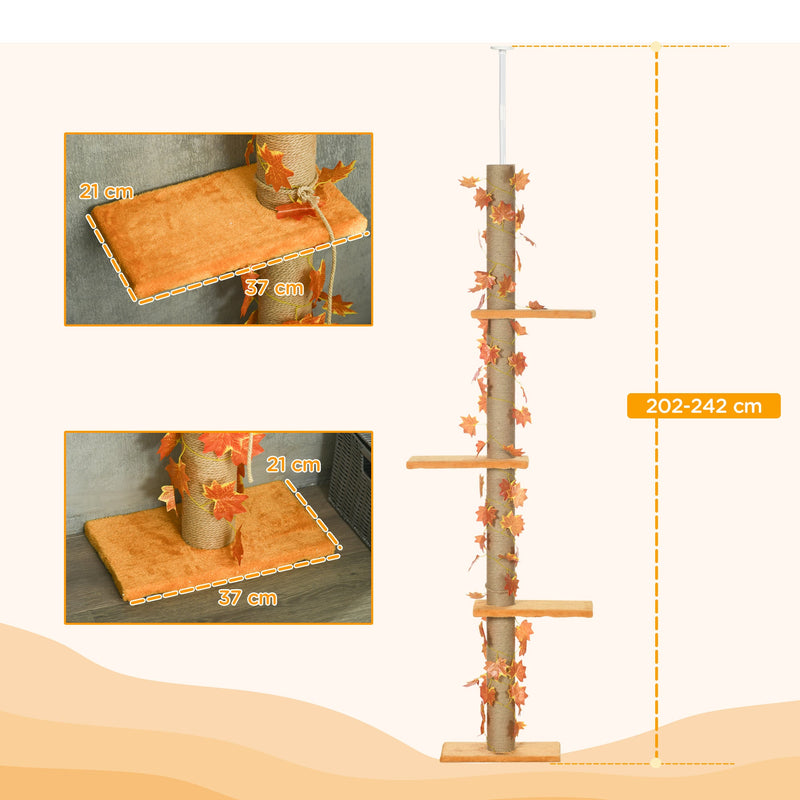 PawHut 202-242cm Height Adjustable Floor to Ceiling Cat Tree for Indoor Cats with Sisal Scratching Post, 3- Tier Cat Tower Climbing Activity Centre with Platforms, Leaves, Orange