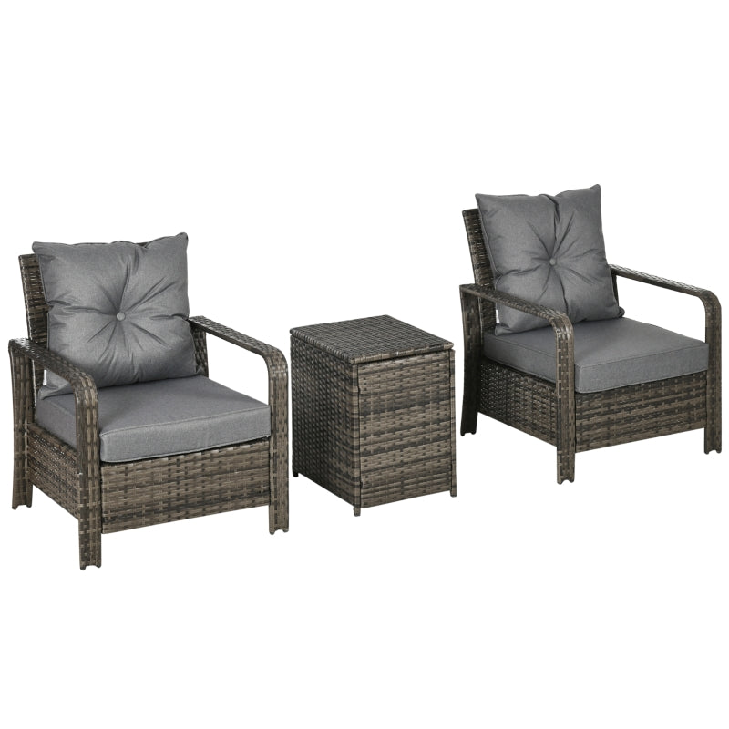 2-Seater PE Rattan Garden Seating Set W/ 2 Padded Chair Storage Table Grey