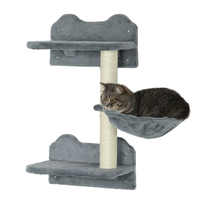 PawHut Four-Piece Cat Shelf with Scratching Post, Wall-Mounted Cat Tree for Indoor Cat - Grey