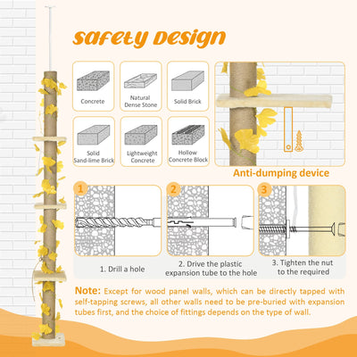 PawHut 202-242cm Height Adjustable Floor to Ceiling Cat Tree for Indoor Cats with Sisal Scratching Post, 3- Tier Cat Tower Climbing Activity Centre with Platforms, Leaves, Yellow