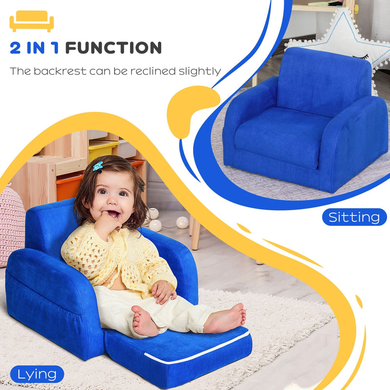 HOMCOM 2 In 1 Kids Children Sofa Chair Bed Folding Couch Soft Flannel Foam Toddler Furniture for 3-4 years old Playroom Bedroom Living Room Blue