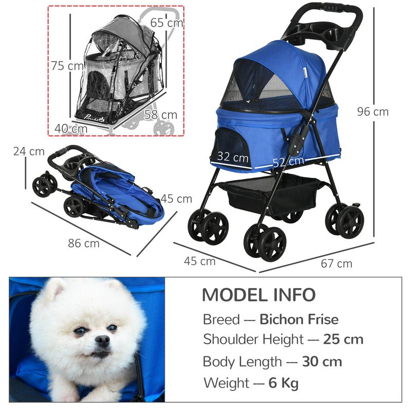 PawHut Dog Stroller with Rain Cover, Dog Pushchair One-Click Fold Trolley Jogger with EVA Wheels Brake Basket Adjustable Canopy Safety Leash for Small Dogs, Blue