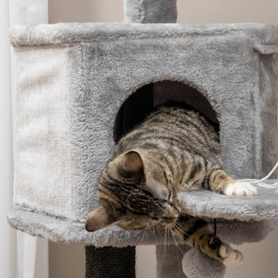 PawHut Cat Tree, Cat Tower for Indoor Cats with Sisal Scratching Post, Ramp, Kitten Bed, Condo, Ball Toy, Light Grey, 55x55x94 cm