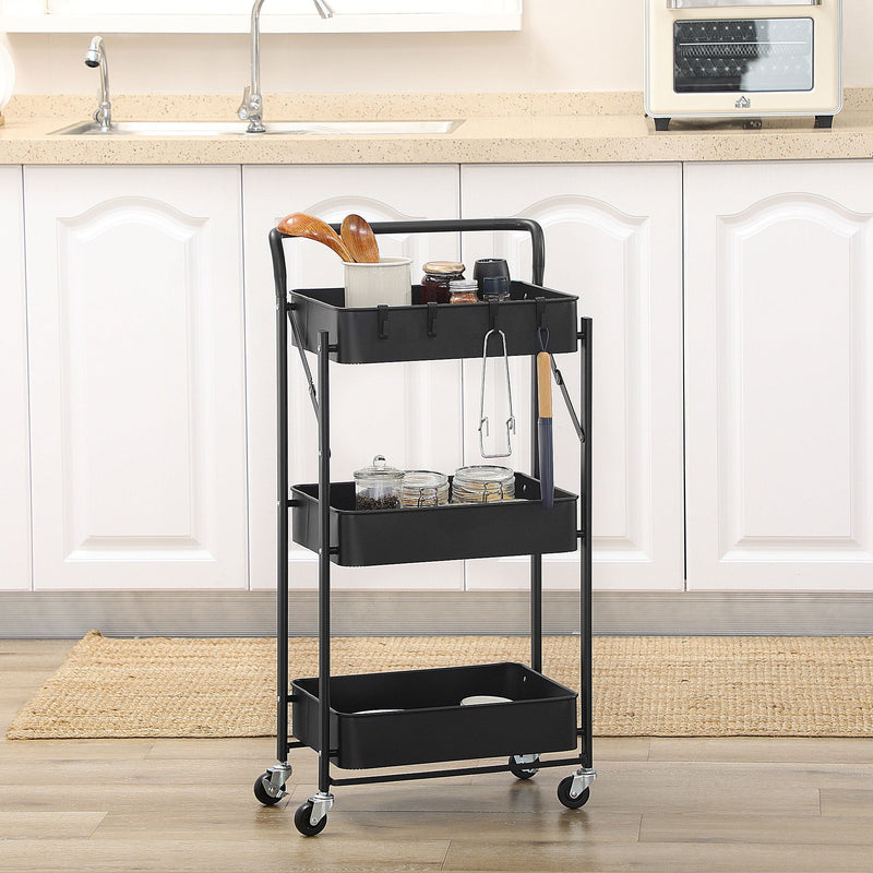 HOMCOM 3 Tier Storage Trolley Cart, Foldable Rolling Utility Cart with 3 Mesh Baskets, 4 Removable Hooks for Living Room, Laundry and Kitchen, Black