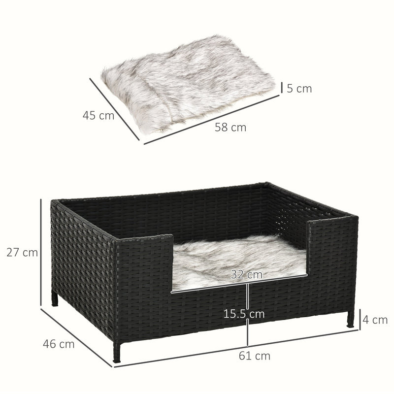 PawHut Rattan Dog Cat Bed Four Feet Pet House Hand-knitted Metal Small Animal Sofa Rattan with Soft Machine Washable Cushion Black 61L x 46W x 27H cm