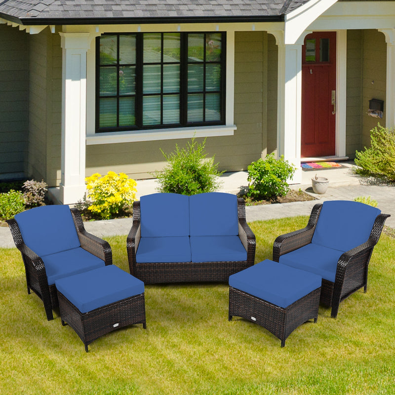 5 Pieces Patio Furniture Set with Removable Cushions and Loveseat-Navy