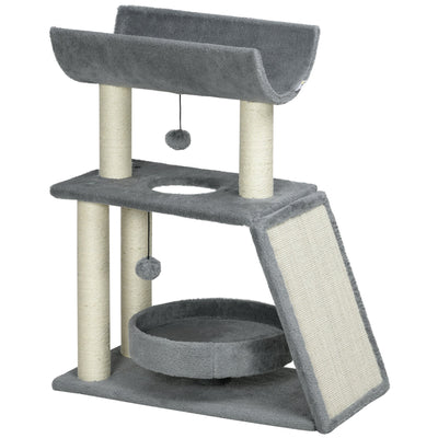 PawHut Cat Tree Tower, with Scratching Posts, Pad, Bed, Perch, Toy Ball, Light Grey