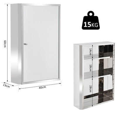 HOMCOM 60L X 40W X 13T cm Stainless Steel Wall Mirror Cabinet-Silver