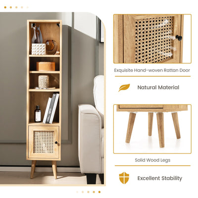 Freestanding Slim Cabinet with Rattan Door and Solid Wood Legs-Brown