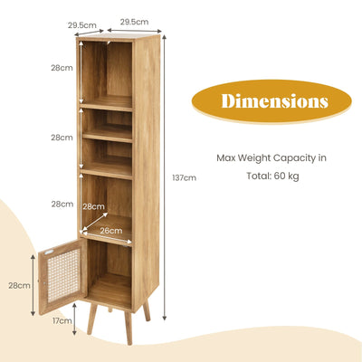 Freestanding Slim Cabinet with Rattan Door and Solid Wood Legs-Brown