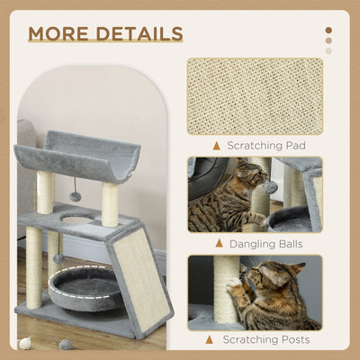 PawHut Cat Tree Tower, with Scratching Posts, Pad, Bed, Perch, Toy Ball, Light Grey