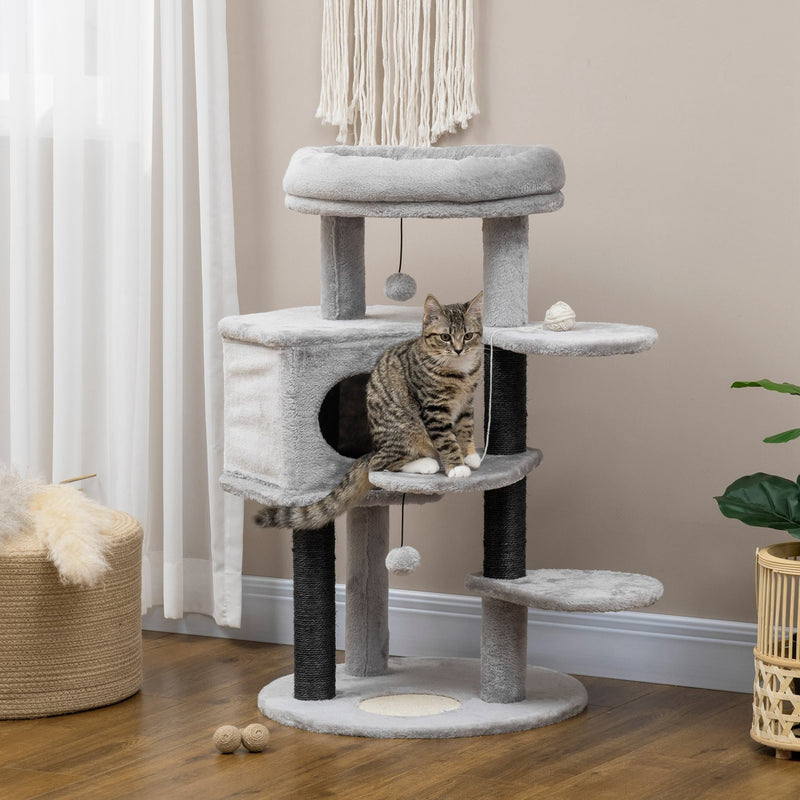 PawHut Cat Tree, Cat Tower for Indoor Cats with Sisal Scratching Post, Ramp, Kitten Bed, Condo, Ball Toy, Light Grey, 55x55x94 cm