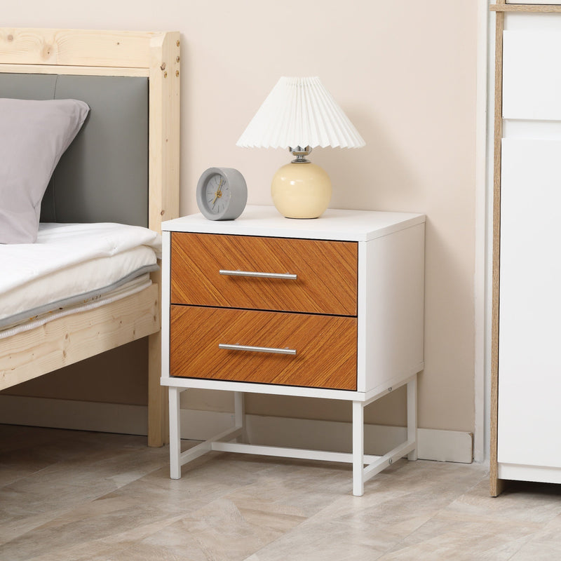 Bedside Table, 2 Drawer, Sofa Side Table, White and Brown