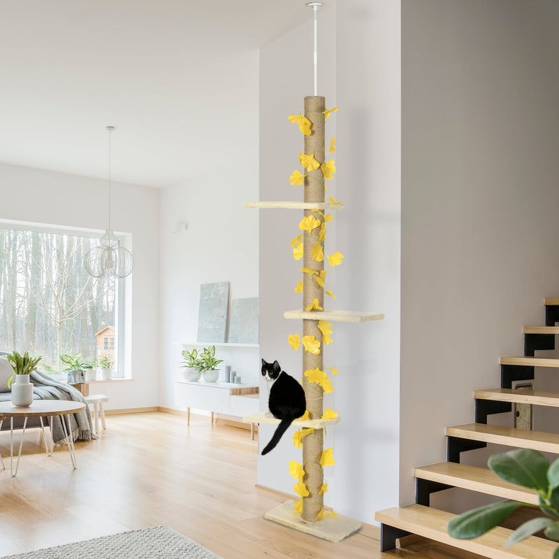 PawHut 202-242cm Height Adjustable Floor to Ceiling Cat Tree for Indoor Cats with Sisal Scratching Post, 3- Tier Cat Tower Climbing Activity Centre with Platforms, Leaves, Yellow