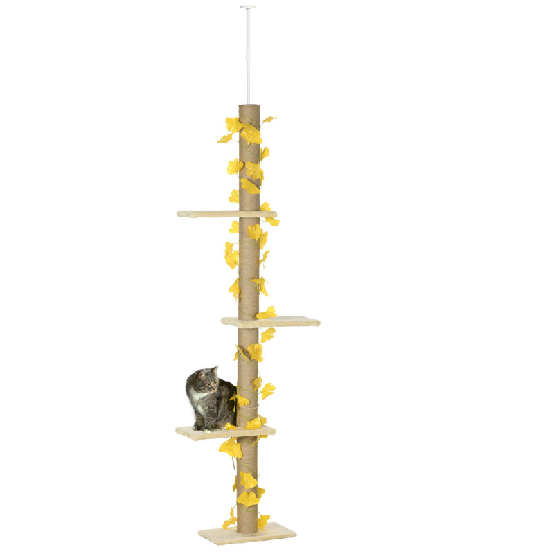 PawHut 202-242cm Height Adjustable Floor to Ceiling Cat Tree for Indoor Cats with Sisal Scratching Post, 3- Tier Cat Tower Climbing Activity Centre with Platforms, Leaves, Yellow