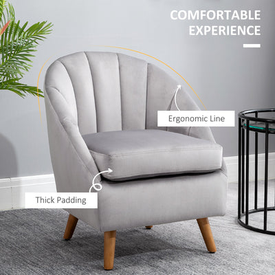 HOMCOM Accent Chair Velvet Fabric Single Sofa Armchair Home Living Room Solid Wood Leg Upholestered Side Armchair Grey