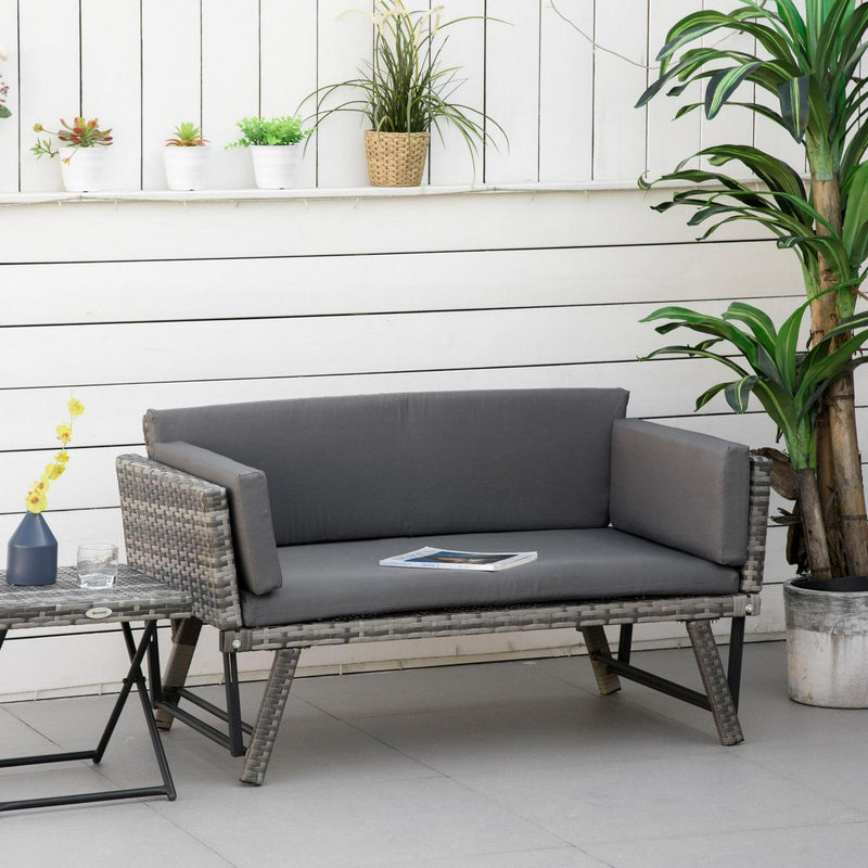 2 In 1 Rattan Folding Daybed Sofa Bench Garden- Mixed Grey