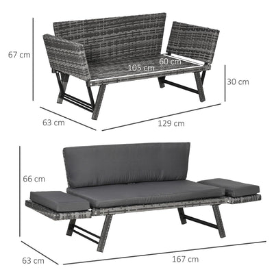 2 In 1 Rattan Folding Daybed Sofa Bench Garden- Mixed Grey