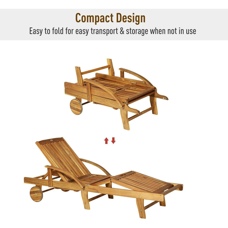 Acacia Wood Reclining Outdoor Garden Lounger W/ Wheels