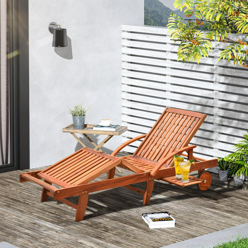 Acacia Wood Reclining Outdoor Garden Lounger W/ Wheels