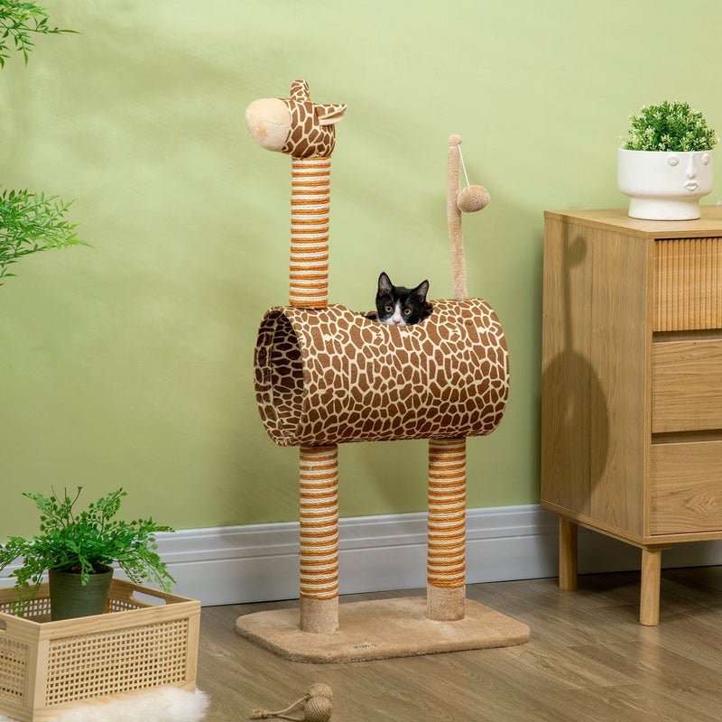 PawHut Cat Tree for Indoor Cats Cute Giraffe Kitten Play Tower with Scratching Posts Tunnel Ball Toy, 48.5 x 34.5 x 101 cm