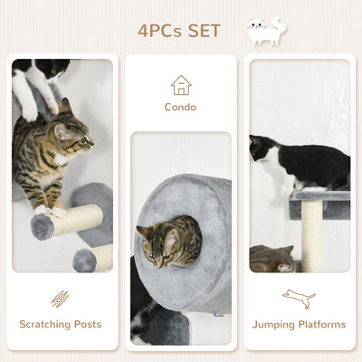 PawHut 4PCs Wall Mounted Cat Tree Cat Wall Furniture with Platforms, Steps, Scratching Post, Perch, Cat Condo for Indoor Cat - Grey