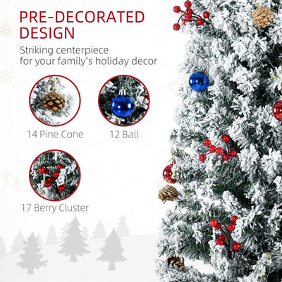 HOMCOM 7.5' Artificial Prelit Christmas Trees Holiday Décor with Warm White LED Lights, Flocked Tips, Berry, Pine Cone