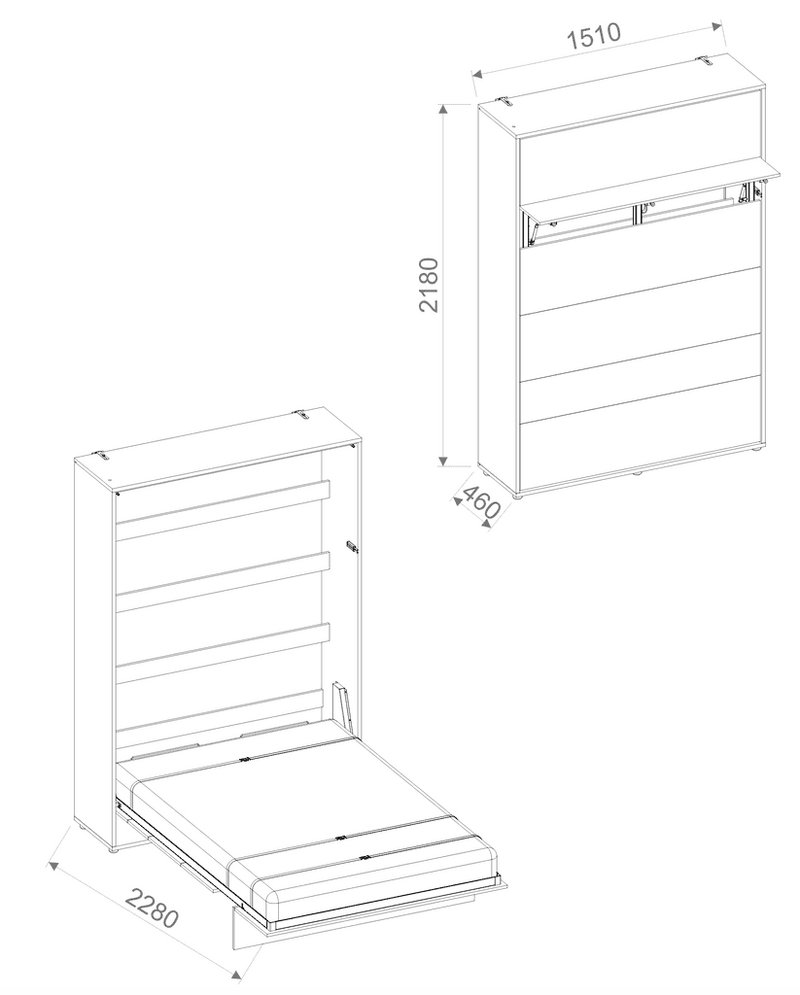 BC-01 Vertical Wall Bed Concept 140cm With Storage Cabinets and LED