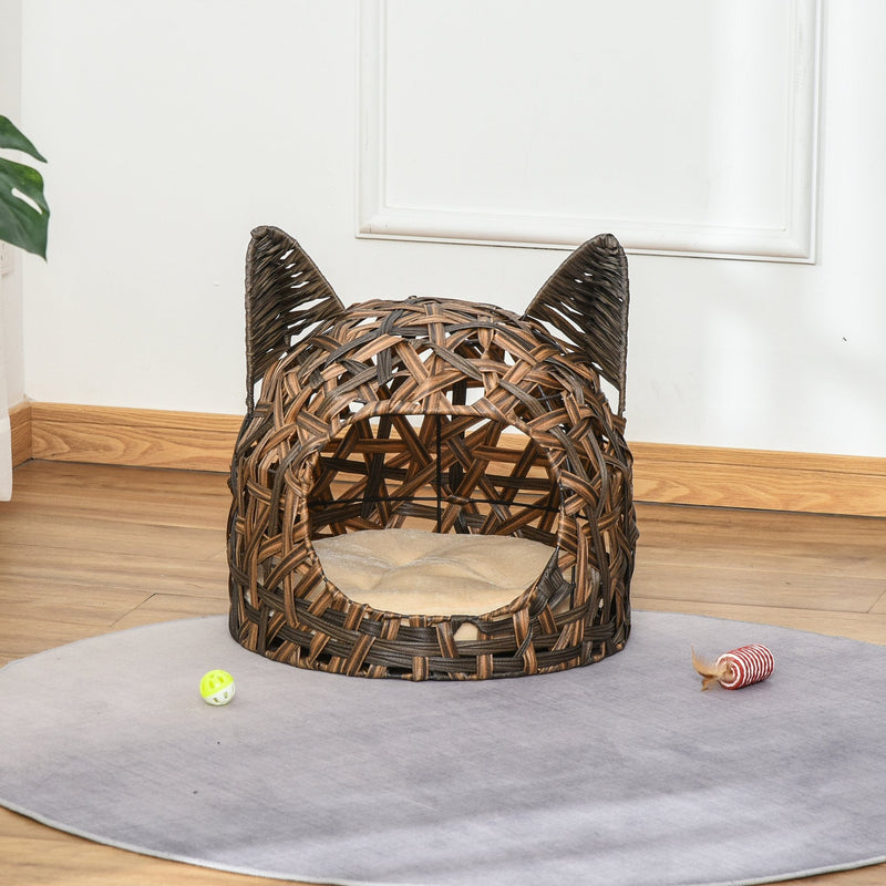 PawHut Wicker Cat Bed Rattan Kitten Basket Pet Den. House Cozy Cute-shaped Cave with Soft Cushion Brown