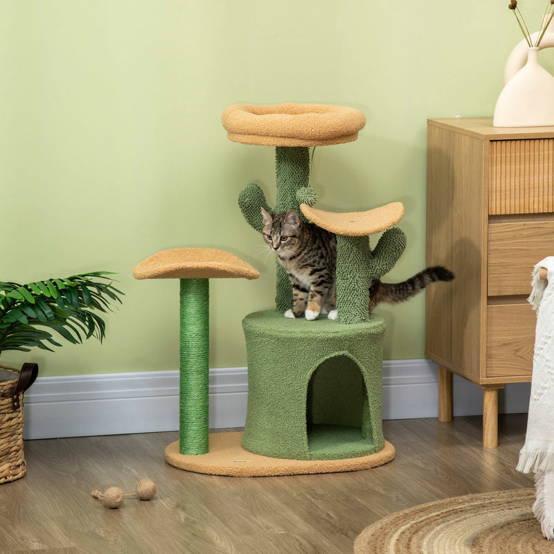 PawHut Cactus Cat Tree 83cm Cat Climbing Tower kitten Activity Centre with Teddy Fleece House Bed Sisal Scratching Post and Hanging Ball Green